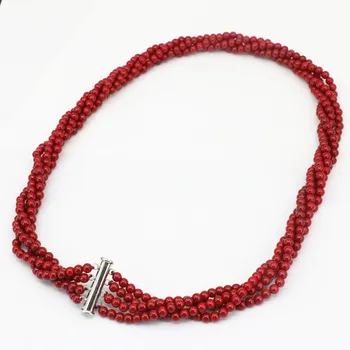 Novo artificial coral 4mm de enrolamento de fio de miçangas colar vermelho round 4 linhas da cadeia de moda festa de casamentos presentes diy jóias 18