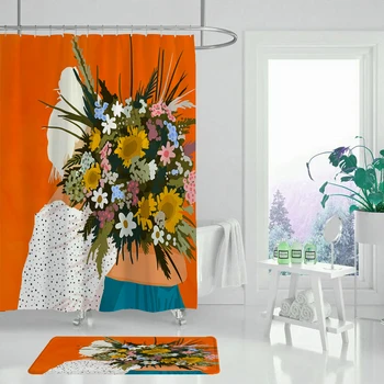 Aquarela estilo de mulher planta cortina de chuveiro folha de impressão cortina de chuveiro do poliéster impermeável casa de banho cortina de chuveiro com