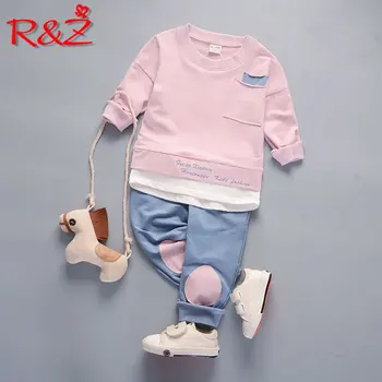 R&Z 2019 a Primavera e o Outono Nova-coreano Desgaste das Crianças do Bolso de Costura Conjunto de Camisola Patch Calças de Duas peças de Conjunto