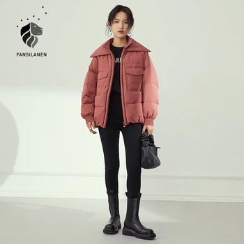 FANSILANEN Casual streetwear curto com capuz jaqueta Mulheres bolso wram térmica para baixo de casaco acolchoado de Penas de inverno puffer casaco