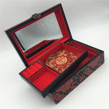 Chinês mão-feito de madeira clássico laca vermelha flor caixa de jóias de camada 2