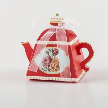 10/20pcs teste Padrão de Flor Bule de chá em Forma de Caixa de Chocolate cor-de-Rosa Vermelha de Papel, Caixa de Embalagem de Caixas de Presente Com Fita Caixa de Presente, Saco de Suprimentos