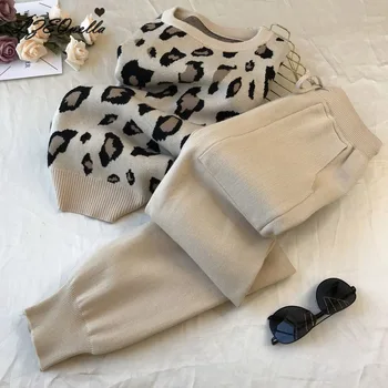 LZEQuella Moda Retro Mulheres de Malha Ternos de Leopardo de Manga Longa O decote da Camisola Laço na Cintura, Bolso Pants2 Peças Conjunto de Streetwear