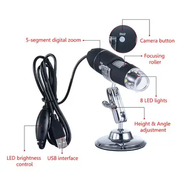 1600X Microscópio Digital USB da Câmara Endoscópio 8LED Lupa com Suporte de Metal