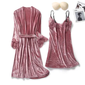 Cor-de-rosa 2PCS Manto Conjunto de Veludo Noiva Casamento Quimono Banheira Vestido de Dama de Outono Inverno Lace Sexy V-pescoço Pijamas Roupa Casual, Roupão de banho