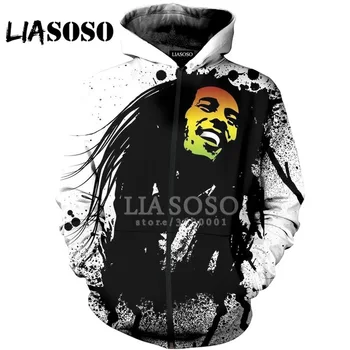 LIASOSO Impressão 3D Mulheres Homens Cantor de Reggae Bob Marley com Capuz encostar Moletons com Capuz Zíper da Jaqueta Casaco de Harajuku