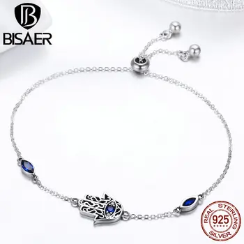 BISAER Reais Original 925 Prata Esterlina CZ Azul Palma Forma Intrincada Bracelete Para as Mulheres Fazer a Jóia de Presente HSB076