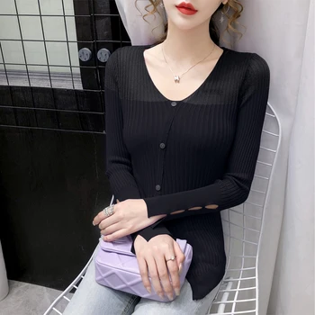 Feminino casaquinho de Outono Camisola de Lã Super Respirável Oco Protetor solar com decote em V coreano Emagrecimento Manga Longa feminina Cardigans 10601