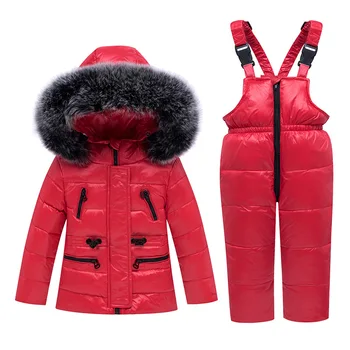 -30 Graus De Inverno Crianças Conjuntos De Vestuário Gola De Pele De Down Coats + Macacão Crianças Quente Snowsuit Para Meninas & Meninos 1-5 Anos