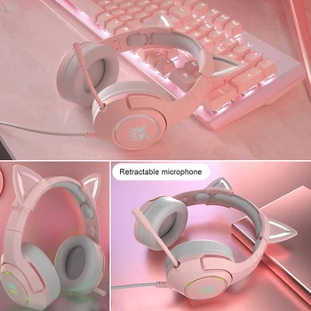 K9 com Fio Fone de ouvido para Jogos-de-Rosa Gato de Ouvido Fone de ouvido Com Microfone ENC Redução de Ruído Aparelhagem hi-fi de 7.1 Canais com Fios de Fone de ouvido Para Computador PC Bonito