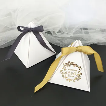 Personalizado em ouro Branco de logotipo pirâmide de chocolate favor saco de DIY Noivado Casamento, chá de bebê festa de caixa de presente de doces caixas com fita