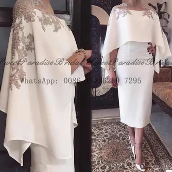 2020 Manto Xale Mãe da Noiva Vestidos Com Apliques de Mangas Metade Chá Branco Comprimento da Bainha do Vestido Formal Noite, Vestido de Festa