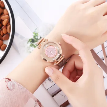 Moda De Sucção De Ferro Milão Cinto De Malha De Quartzo Mulheres Relógio Magnética Pulseira De Relógio De Ouro Rosa De Bola Romano Céu Estrelado Ladies Watch