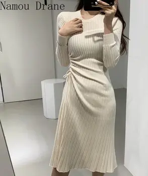 Outono Inverno Mulheres Sexy Bodycon Vestido De 2020, Novo Longa da Luva O-pescoço Pulôver Cordão de Cintura Alta Senhoras Vestidos Estilo coreano