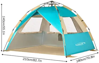 ZOMAKE Instantâneas Praia Tenda 3-4 Pessoa,Pop-Up Sol Abrigo de Fácil Instalação Portátil Tenda para proteger do Sol com FPS 50+ UV Proteção para a Família