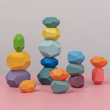Crianças de Madeira, Pedra Colorida Jenga Bloco de Construção de Brinquedo Educacional Criativo Estilo Nórdico de Empilhamento Jogo arco-íris de Madeira de Brinquedo de Presente