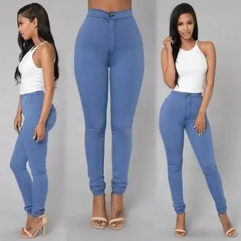 High Street Mulheres Sexy Jeans Skinny, Calças de Cintura Alta Jeans Stretch Lápis, Calças Calças compridas de cores sólidas 5 cores
