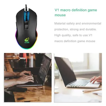 V1 Gaming Mouse com Fio de Luz RGB 8 Botões Programáveis Sensor Óptico Gamer Ratos Preto Jogo Rato Design Ergonômico