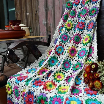 Populares mão de crochê pastoral flor bloco de fios manta de sofá toalha de cama, cobertor gancho flor de pano de tabela do wearable xale personalizado