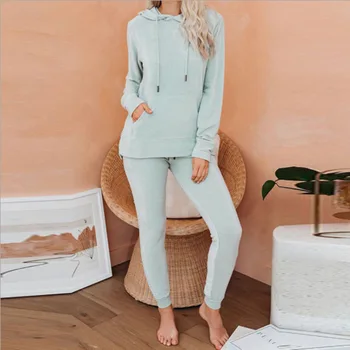 2020 Mulheres Pijama Conjunto de Casa, Roupa de Casa Terno Calças Pijamas de Manga Longa com Capuz Casual Homewear Feminino Camisola Simples