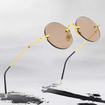 Vintage Sem Aro Dos Óculos De Sol Das Mulheres Os Homens Lente De Vidro Retro Rodada De Óculos De Sol Naturais De Pedra De Cristal De Óculos De Sol Óculos De Ouro Oculos