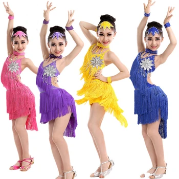 Moda de Alta Qualidade de Leite de Seda Flor de Cristal Criança Vestido de Crianças de Borla latina, as Meninas de Vestido Strass Dança Fantasias com Acessórios