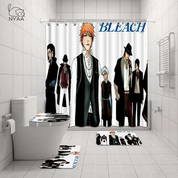 NYAA 4 Pcs Anime Bleach Cortina de Chuveiro Pedestal Tapete do vaso Sanitário Tampa Tampa Esteira Esteira de Banho Definido Para a Decoração do Banheiro